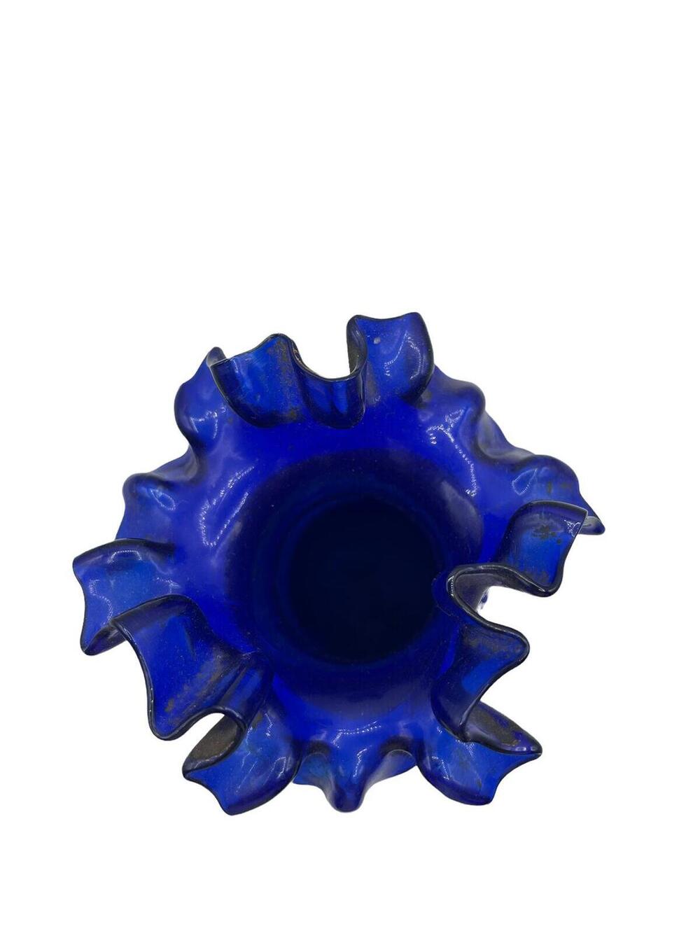 Vintage Cobalt Blue Glass Vase: Hand-Painted Flowers, Ruffle Rim - Picture 5 of 9